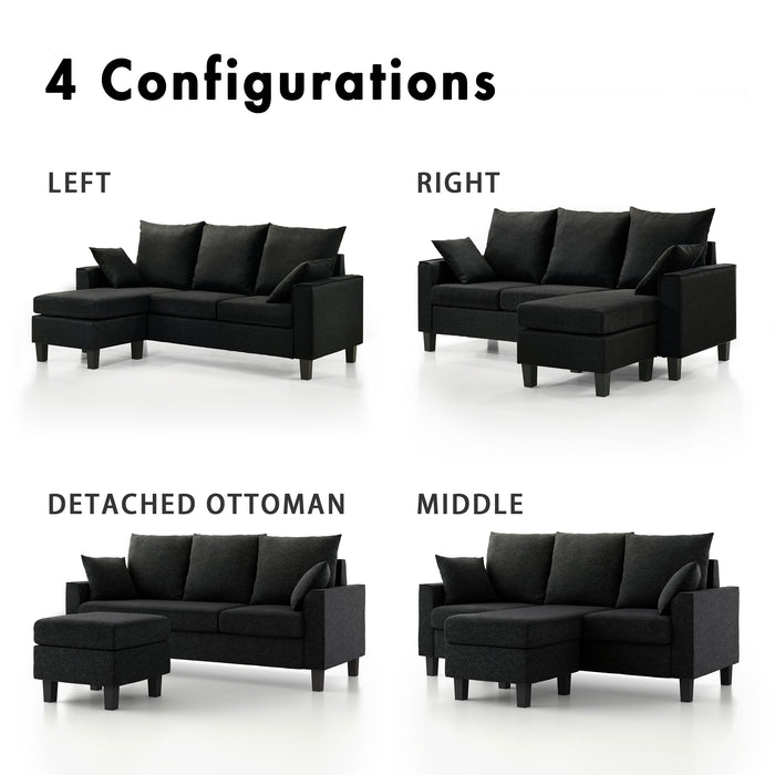 Informational image of the four configurations of a transitional black customizable sectional sofa