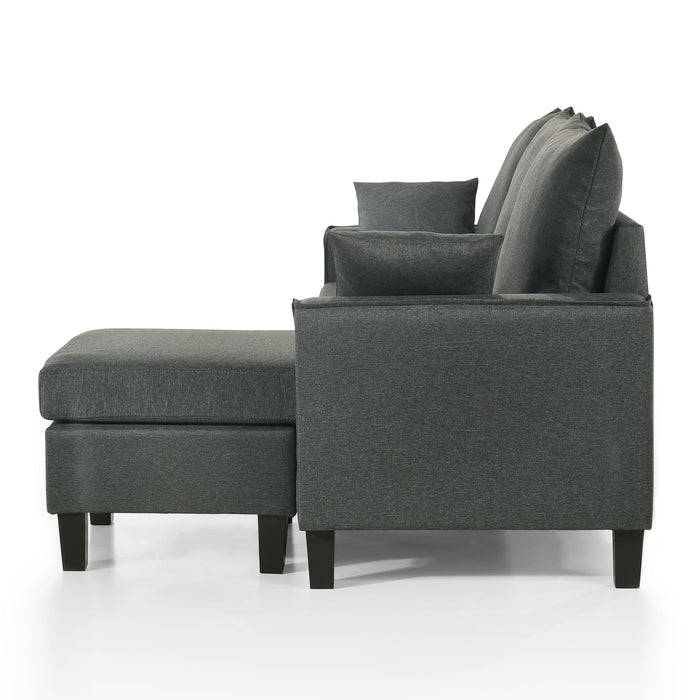 Front facing side view of a transitional dark grey customizable sectional sofa on a white background