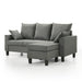Left facing contemporary grey sectional sofa with an adjustable ottoman on a white background