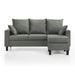 Front facing contemporary grey sectional sofa with an adjustable ottoman on a white background