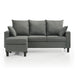 Front facing contemporary grey sectional sofa with an adjustable ottoman on a white background
