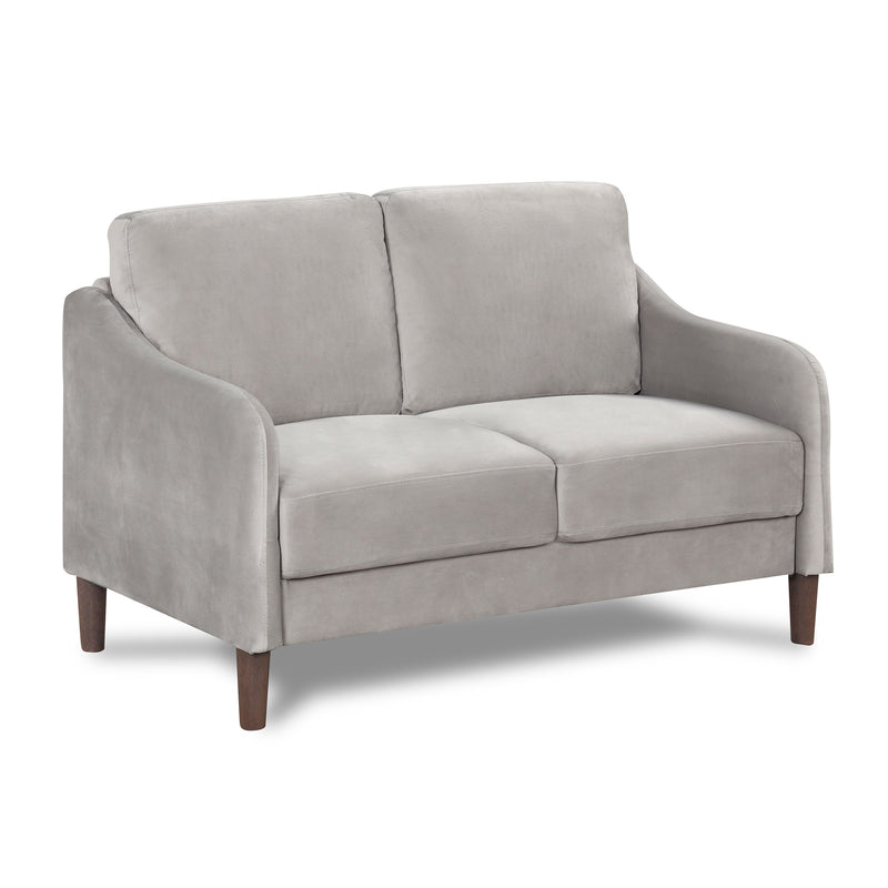 Right facing modern grey velvet loveseat with sloping arms on a white background