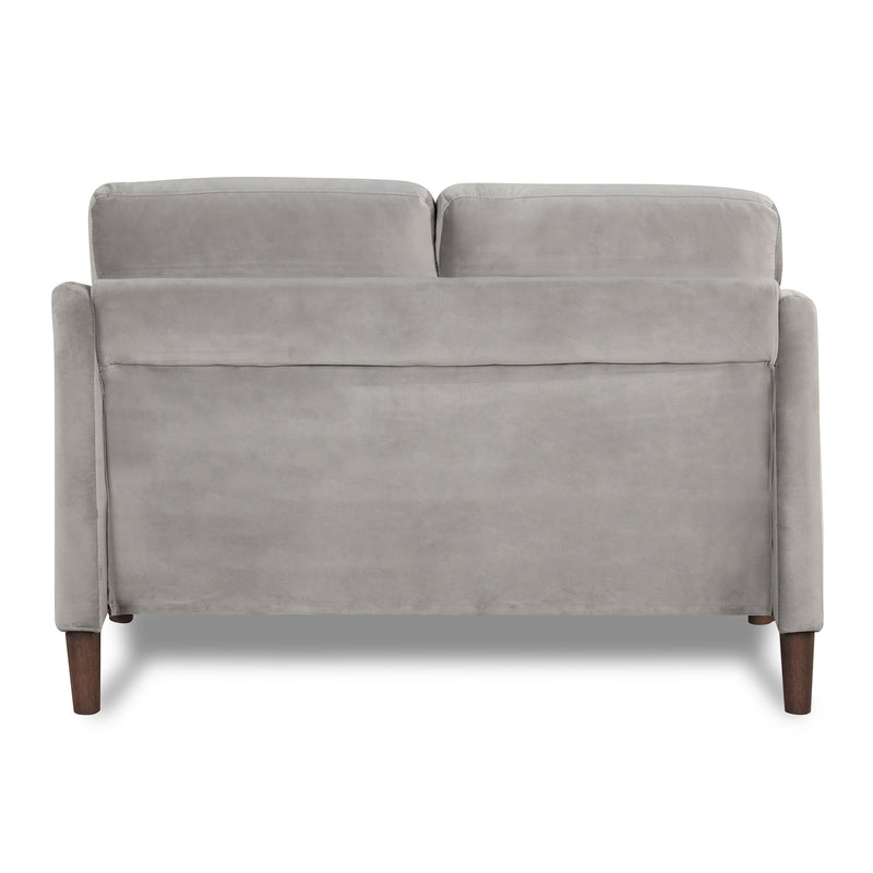 Front facing back view of a modern grey velvet loveseat with sloping arms on a white background