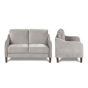 Informational image of multiple views of a modern grey velvet loveseat with sloping arms