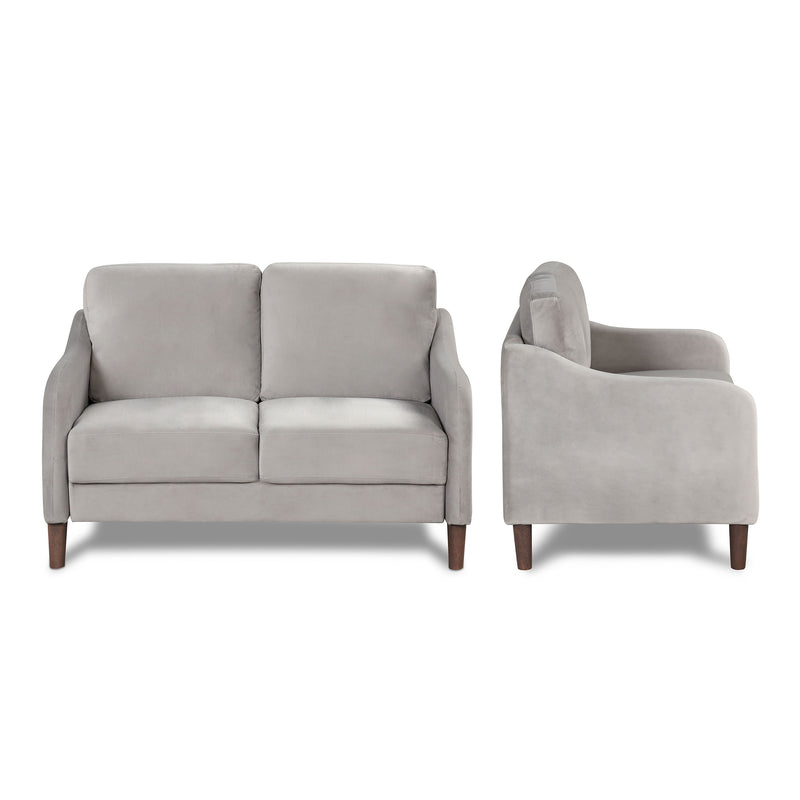 Informational image of multiple views of a modern grey velvet loveseat with sloping arms