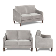 Informational image of multiple views of a modern grey velvet loveseat with sloping arms