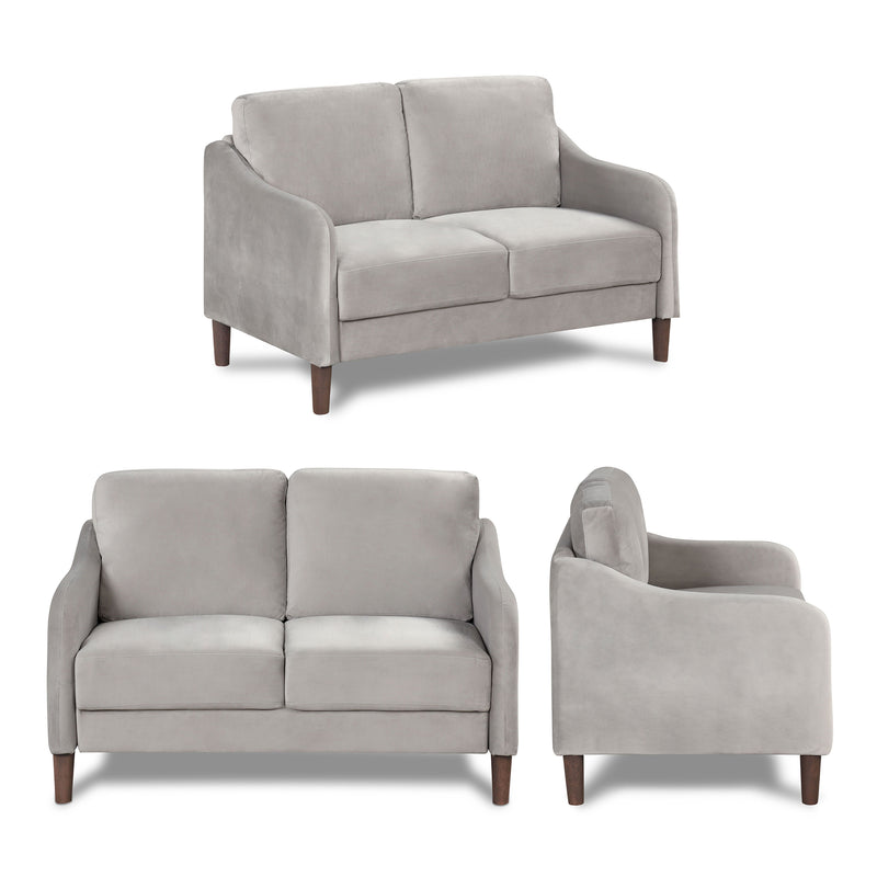 Informational image of multiple views of a modern grey velvet loveseat with sloping arms