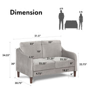 Informational image of the dimensions of a modern grey velvet loveseat with sloping arms