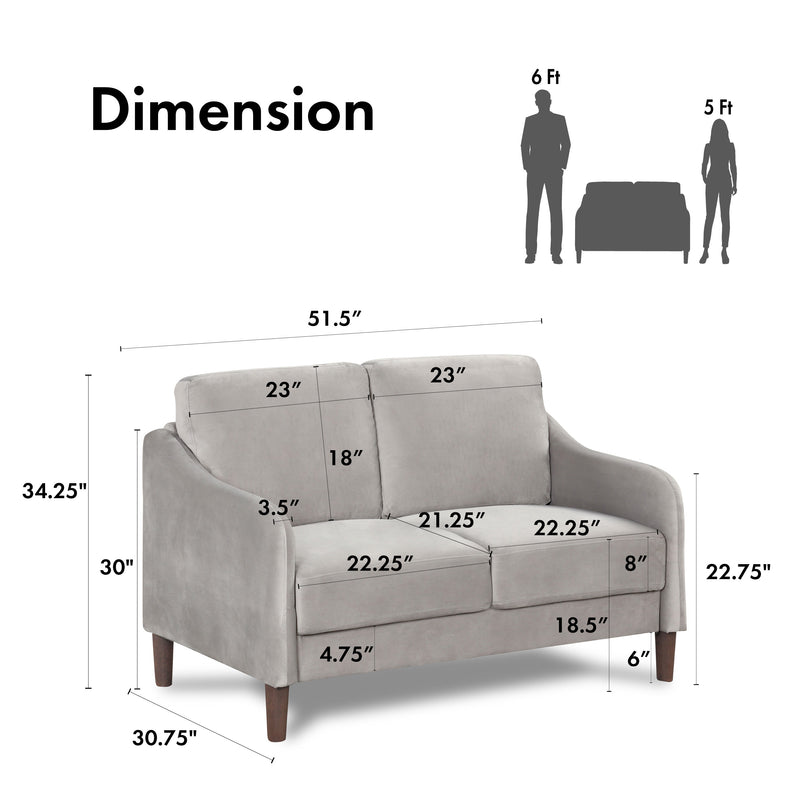 Informational image of the dimensions of a modern grey velvet loveseat with sloping arms