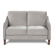 Front facing modern grey velvet loveseat with sloping arms on a white background