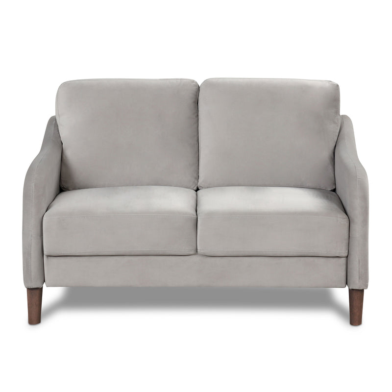 Front facing modern grey velvet loveseat with sloping arms on a white background