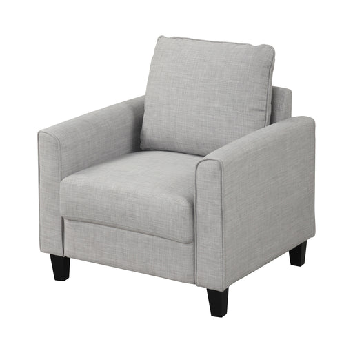 Left facing transitional light grey linen-look accent armchair on a white background
