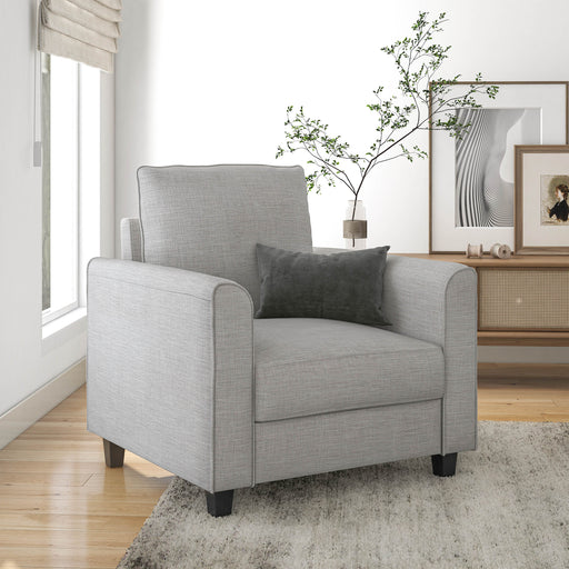Right facing transitional light grey linen-look accent armchair in a room with accessories