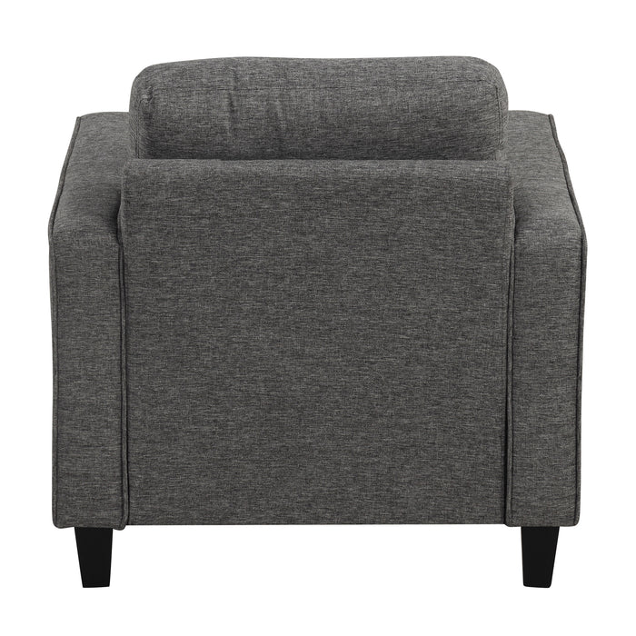 Front facing back view of a transitional grey linen-look accent armchair on a white background