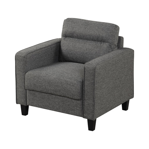 Left facing transitional grey linen-look accent armchair on a white background