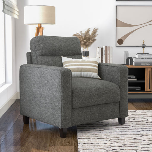 Right facing transitional grey linen-look accent armchair in a room with accessories