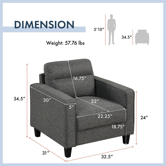 Informational image of the dimensions of a transitional grey linen-look accent armchair