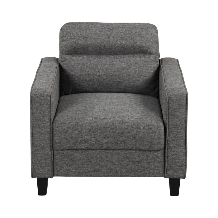 Front facing transitional grey linen-look accent armchair on a white background