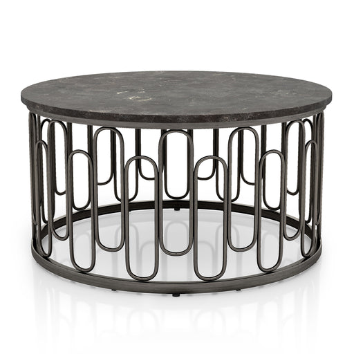 Front facing contemporary black natural stone and metal round coffee table on a white background