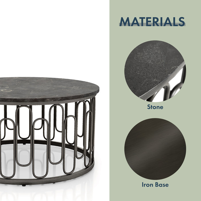 Informational image of the materials of a contemporary black natural stone and metal round coffee table