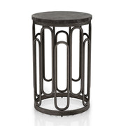 Front facing contemporary black natural stone and metal round small accent end table on a white background