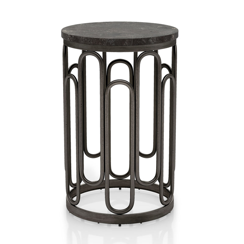 Front facing contemporary black natural stone and metal round small accent end table on a white background