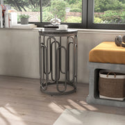 Front facing contemporary black natural stone and metal round small accent end table in a room with accessories