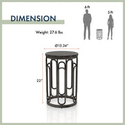 Informational image of the dimensions of a contemporary black natural stone and metal round small accent end table