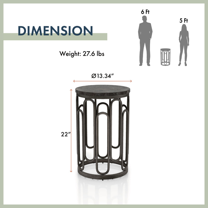 Informational image of the dimensions of a contemporary black natural stone and metal round small accent end table