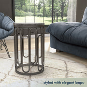 Informational image of the loop base of a contemporary black natural stone and metal round small accent end table