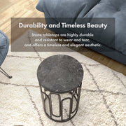 Informational image of the durability and timeless style of a contemporary black natural stone and metal round small accent end table