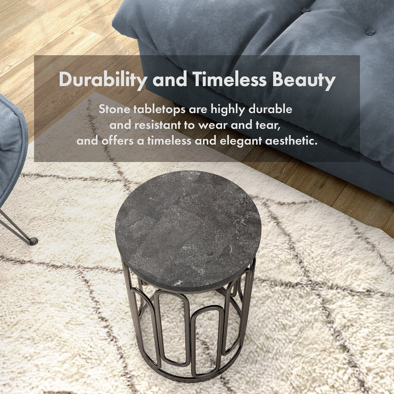 Informational image of the durability and timeless style of a contemporary black natural stone and metal round small accent end table