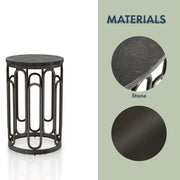 Informational image of the materials of a contemporary black natural stone and metal round small accent end table