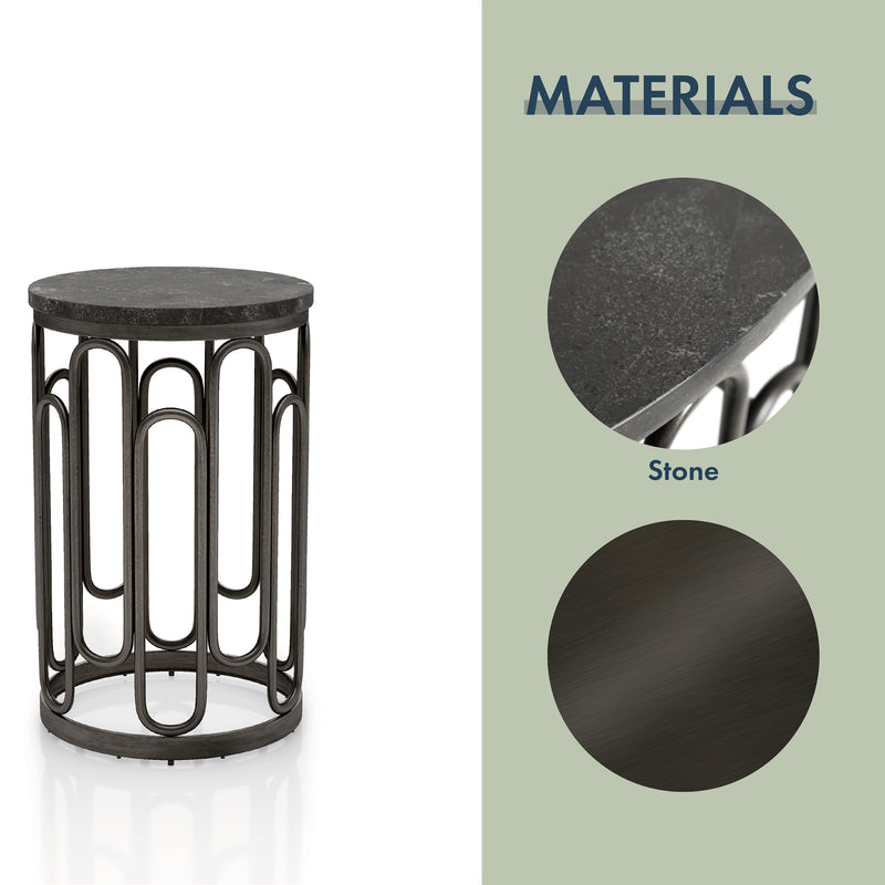 Informational image of the materials of a contemporary black natural stone and metal round small accent end table