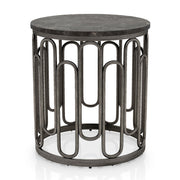 Front facing contemporary black natural stone and metal round end table on a white background