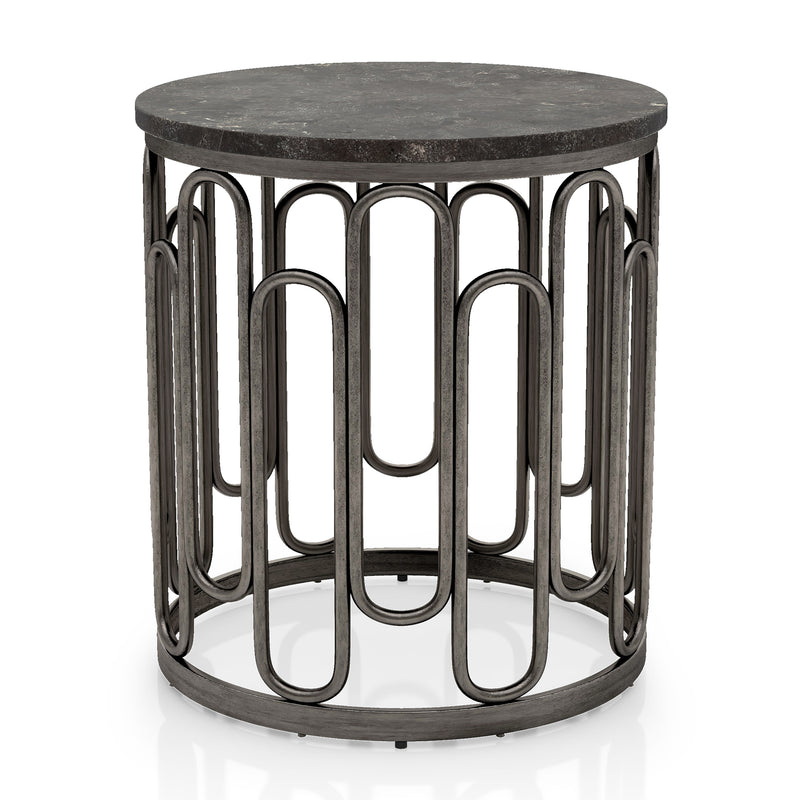 Front facing contemporary black natural stone and metal round end table on a white background