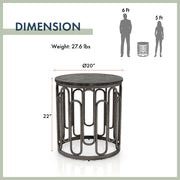 Informational image of the dimensions of a contemporary black natural stone and metal round end table