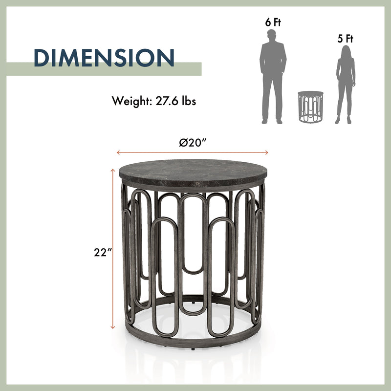 Informational image of the dimensions of a contemporary black natural stone and metal round end table