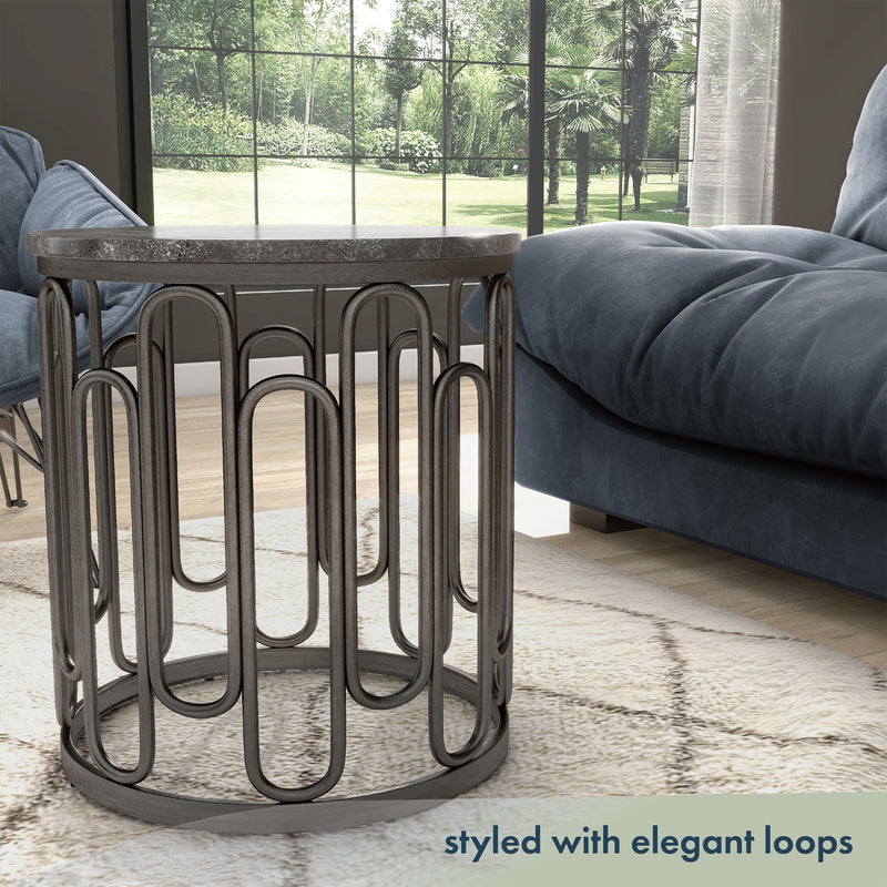 Informational image of the loop base of a contemporary black natural stone and metal round end table