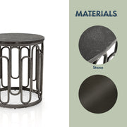 Informational image of the materials of a contemporary black natural stone and metal round end table