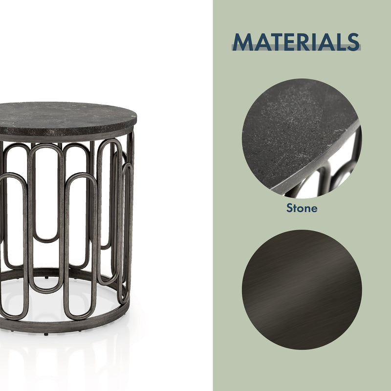 Informational image of the materials of a contemporary black natural stone and metal round end table