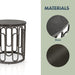 Informational image of the materials of a contemporary black natural stone and metal round end table