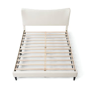Front facing high-camera view of a modern white boucle upholstered queen bed on a white background