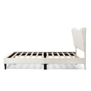 Front facing side view of a modern white boucle upholstered queen bed on a white background