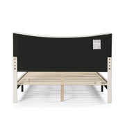 Front facing back view of a modern white boucle upholstered queen bed on a white background