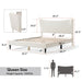 Left facing modern white boucle upholstered queen bed on a white background with dimensions overlaid and three additional info panels
