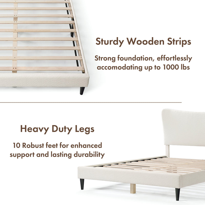 A two-panel composite image of a modern white boucle upholstered queen bed that highlights its sturdy wooden strips and heavy duty legs