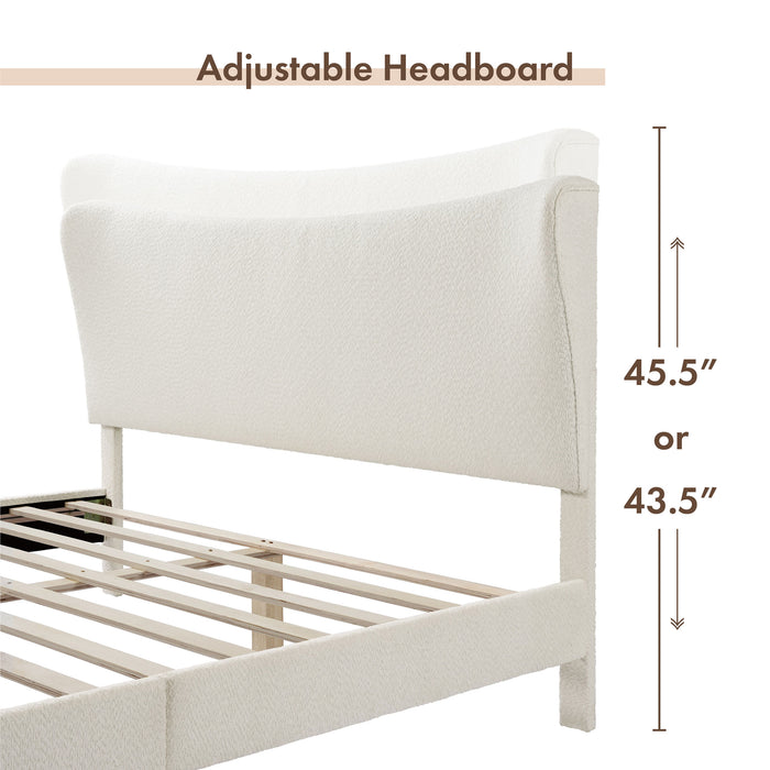 Left facing close up of a modern white boucle upholstered queen bed that highlights its adjustable height headboard