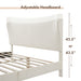 Left facing close up of a modern white boucle upholstered queen bed that highlights its adjustable height headboard