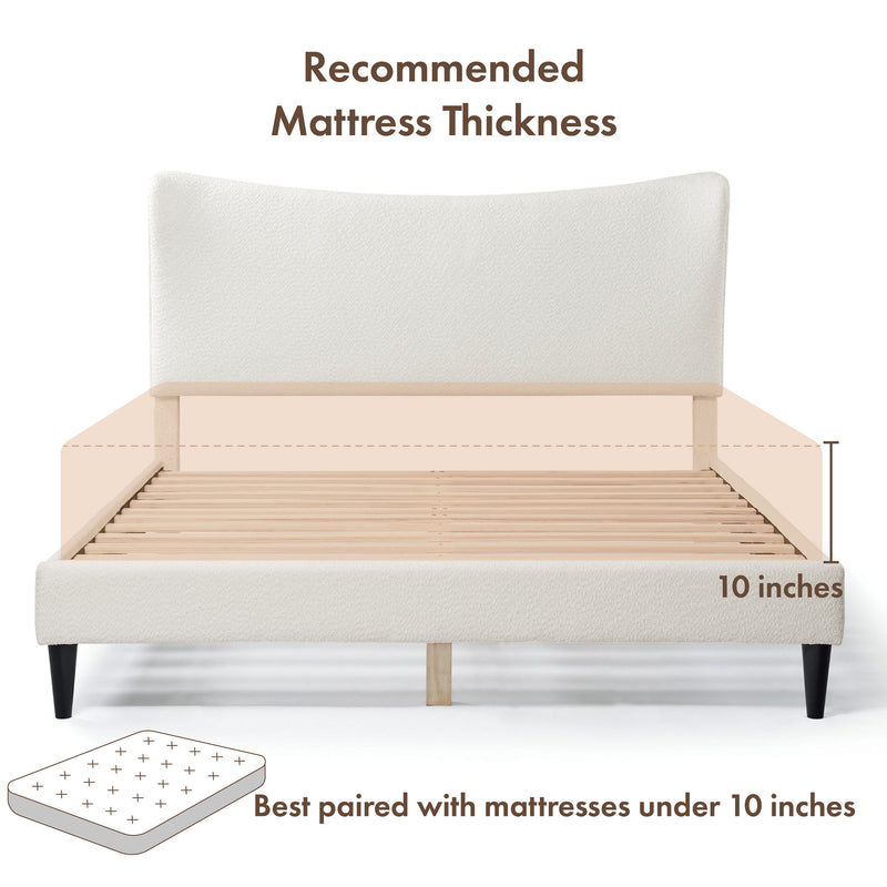 Front facing modern white boucle upholstered queen bed on a white background that highlights its recommended mattress thickness